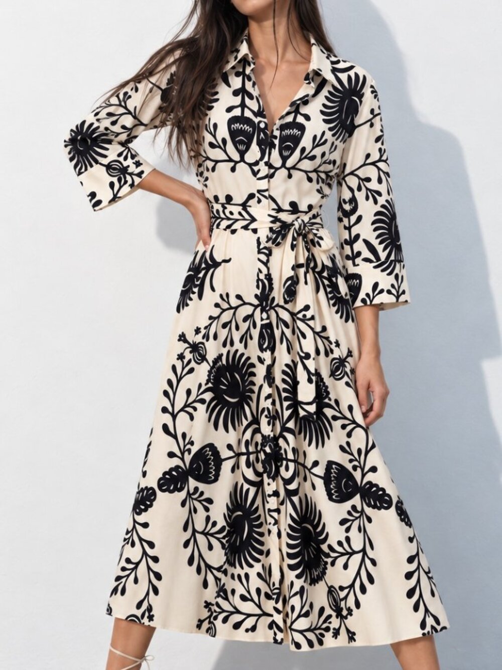 Zara Black Cream Folk Floral Cotton Belted Midi Shirt Dress Size L 3/4 Sleeves